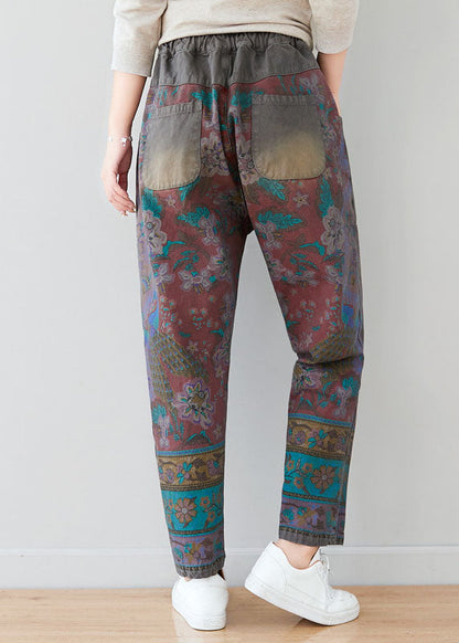 Unique Grey Tie Waist Pockets Patchwork Print Pants Spring