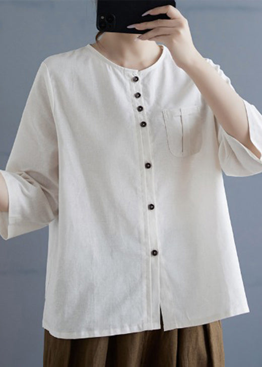 Linen Color O Neck Button Cotton Top Bracelet Sleeve