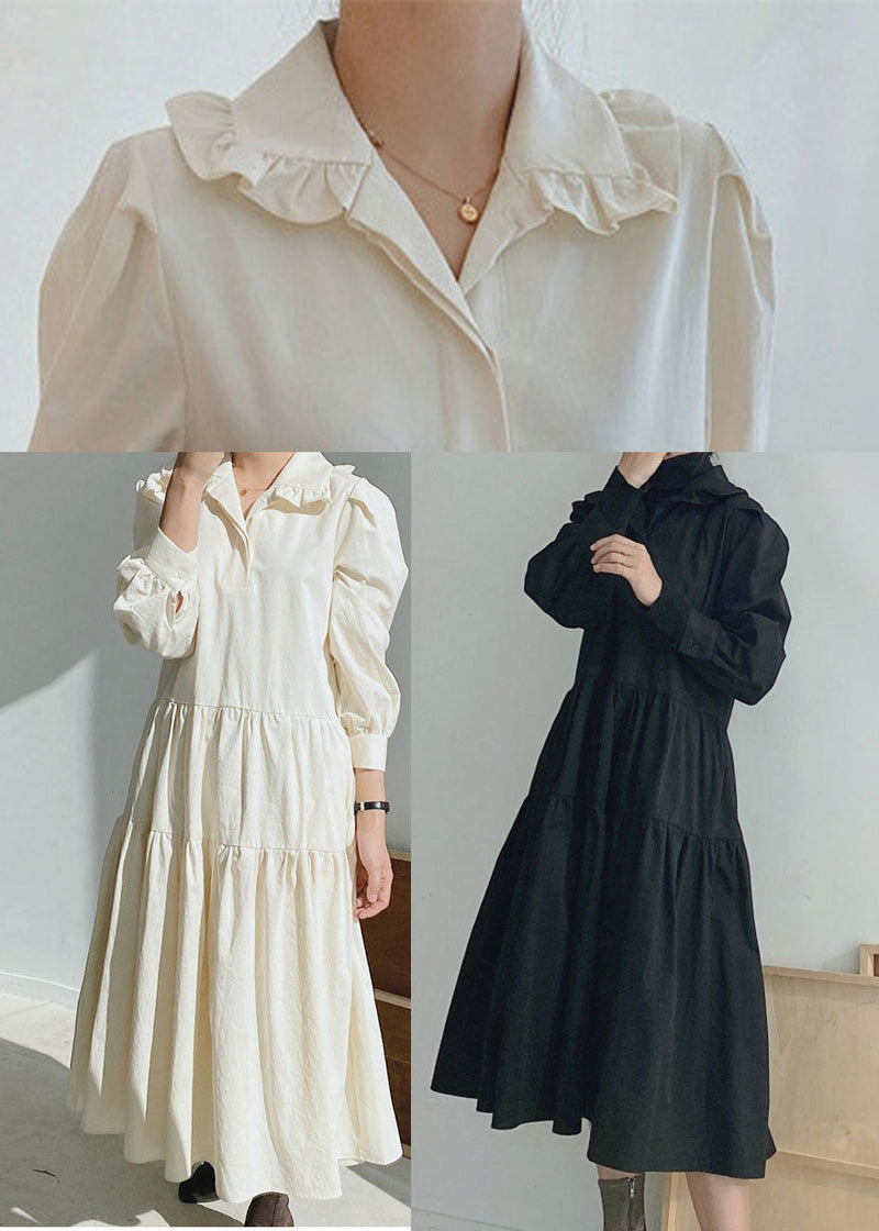 Black Ruffled Wrinkled Cotton Dress Spring