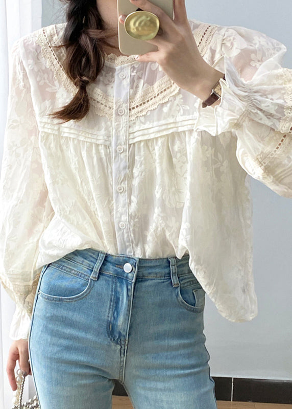 Apricot Ruffled Patchwork Button Shirts Spring