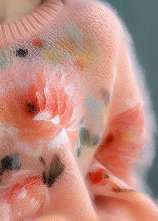 New Pink O Neck Thick Print Cotton Blend Sweater Fall