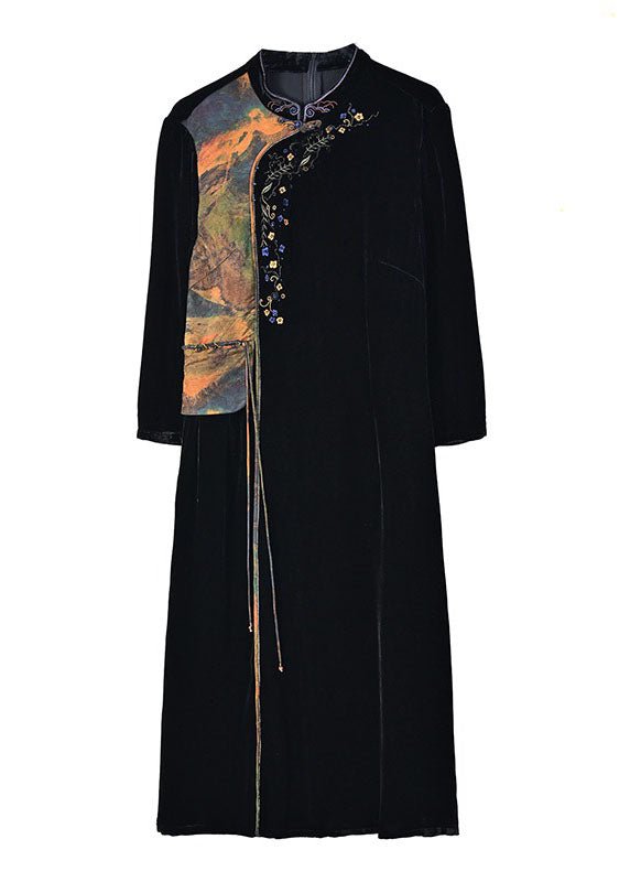 Black Print Embroideried Tassel Silk Velour Maxi Dresses Fall