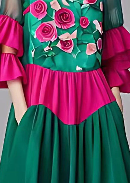 Green Print Tulle Patchwork Chiffon Mid Dress Butterfly Sleeve