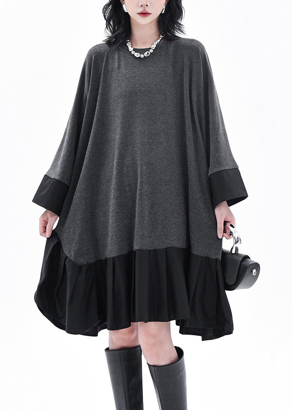 Grey O-neck Patchwork Long Dress Batwing Sleeve