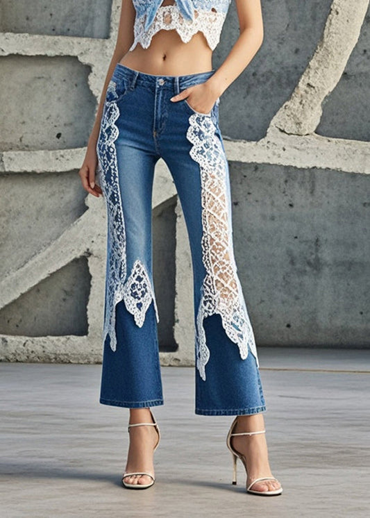Denim Blue Lace Patchwork Slim Fit Flared Trousers Fall