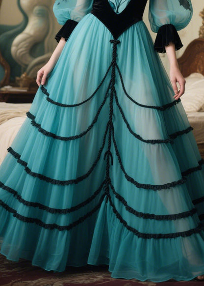 Lake Blue Puff Sleeve Patchwork Tulle Party Dresses