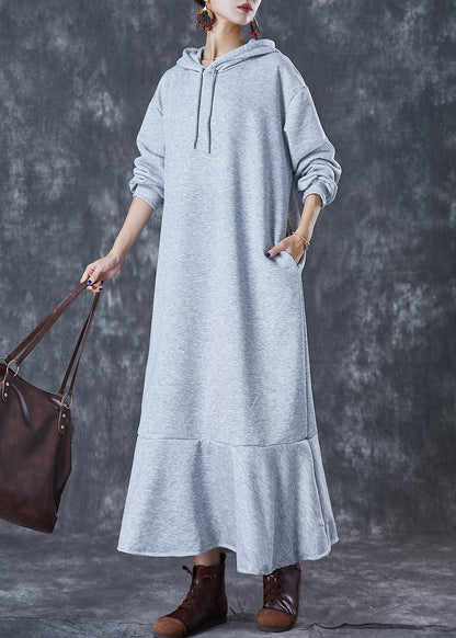 Stylish Grey Hooded Patchwork Ruffles Cotton Pullover Dress Fall