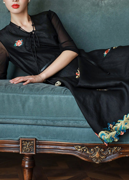 Black V Neck Embroideried Patchwork Silk Dress Summer