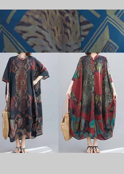 Stand Collar Summer Tunics Blue Abstract Pattern Long Dress
