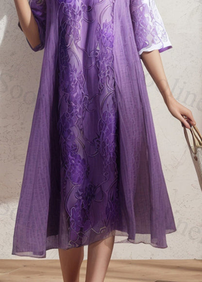 Italian Purple O Neck Print Patchwork Silk Dresses Summer