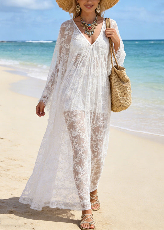 White V Neck Hollow Out Oversized Lace Vacation Dresses Summer