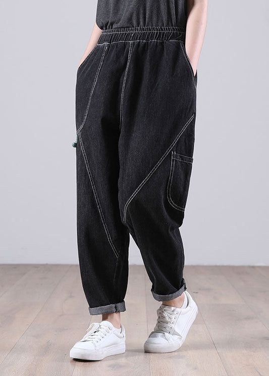 Classy Black Elastic Waist Pockets Harem Fall Patchwork Pants