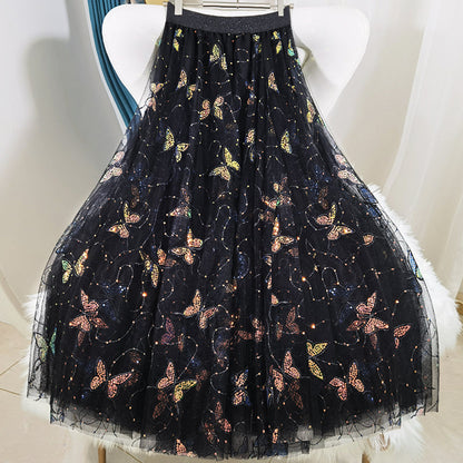 Black Embroidery Butterfly Sequins Tulle Summer Skirts