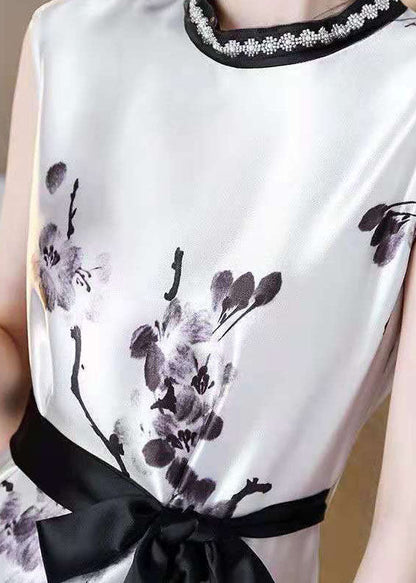 White Cinched Ink Print Silk Dresses Sleeveless