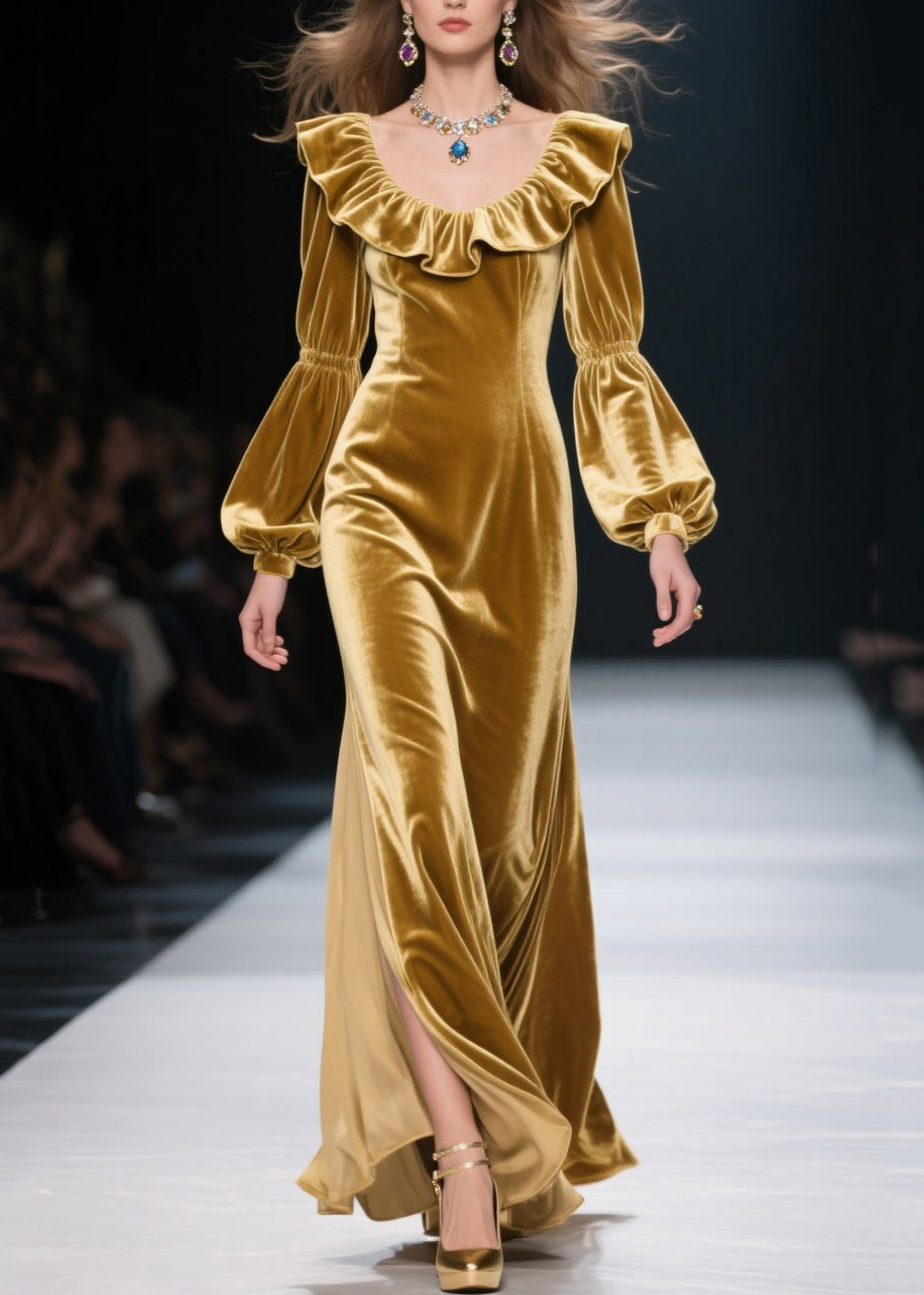 Yellow Ruffled Patchwork Velvet Long Dress Fall
