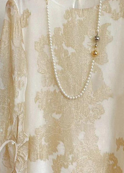 Art Apricot O-neck Jacquard Patchwork Silk Blouses Lantern Sleeve