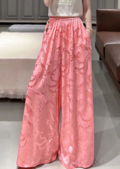 Pink Pockets Jacquard Silk High Waist Wide Leg Pants Fall