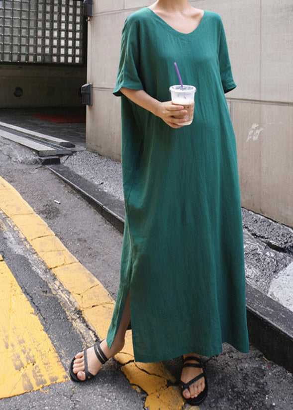 Green V Neck Side Open Long Dress Short Sleeve