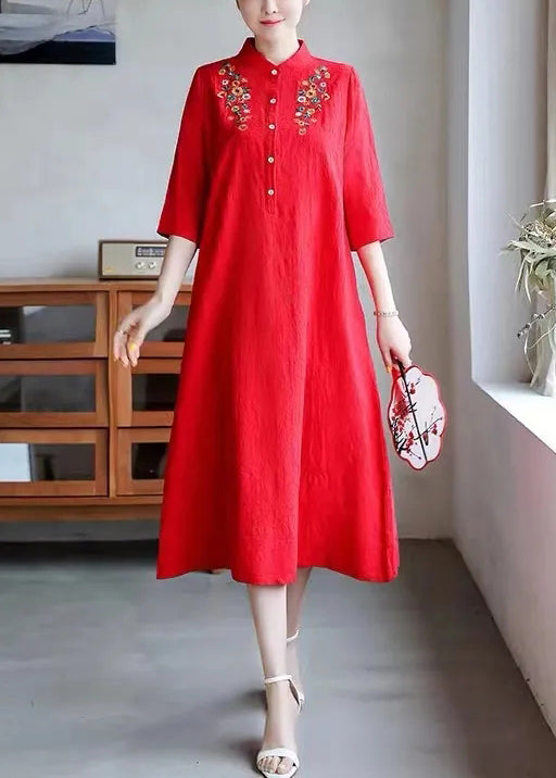 Red Embroidered Button Cotton Dress Half Sleeve