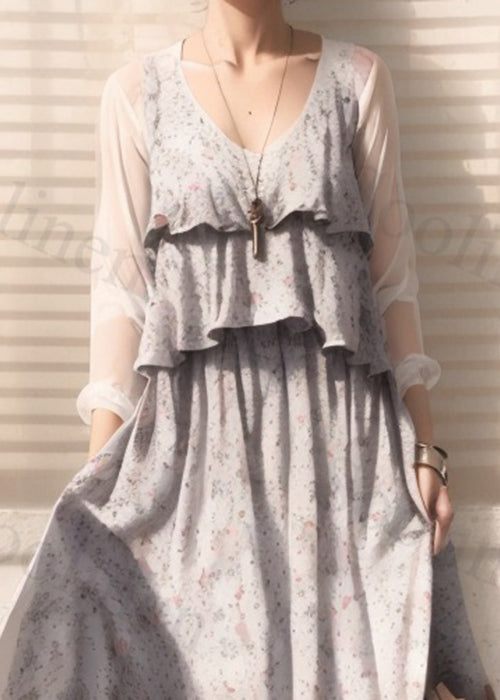 Apricot Print False Two Pieces Cotton Maxi Dresses Long Sleeve