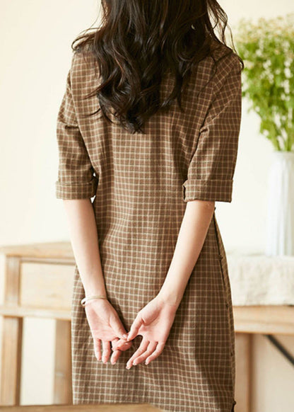 Green Mandarin Collar Plaid Side Open Cotton Cheongsam Dresses Bracelet Sleeve