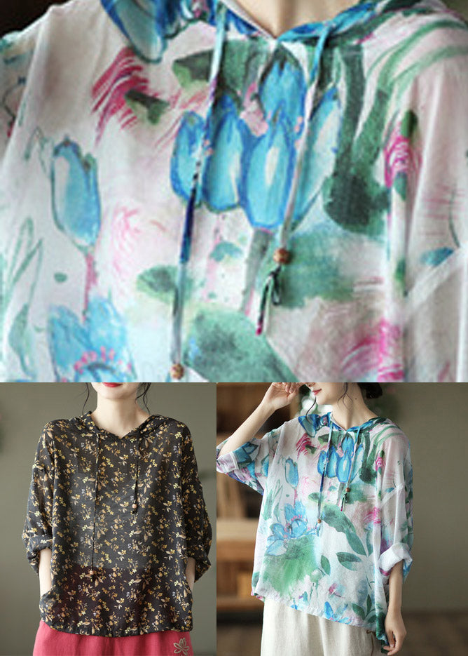 Black Peter Pan Collar Print Linen Hooded Shirt Long Sleeve