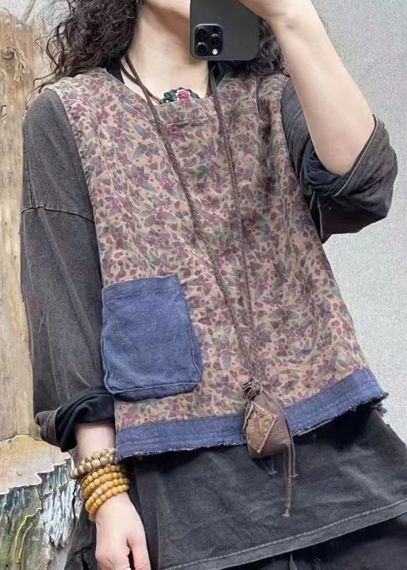 Blue O-neck Print Pockets Linen Waistcoat Sleeveless