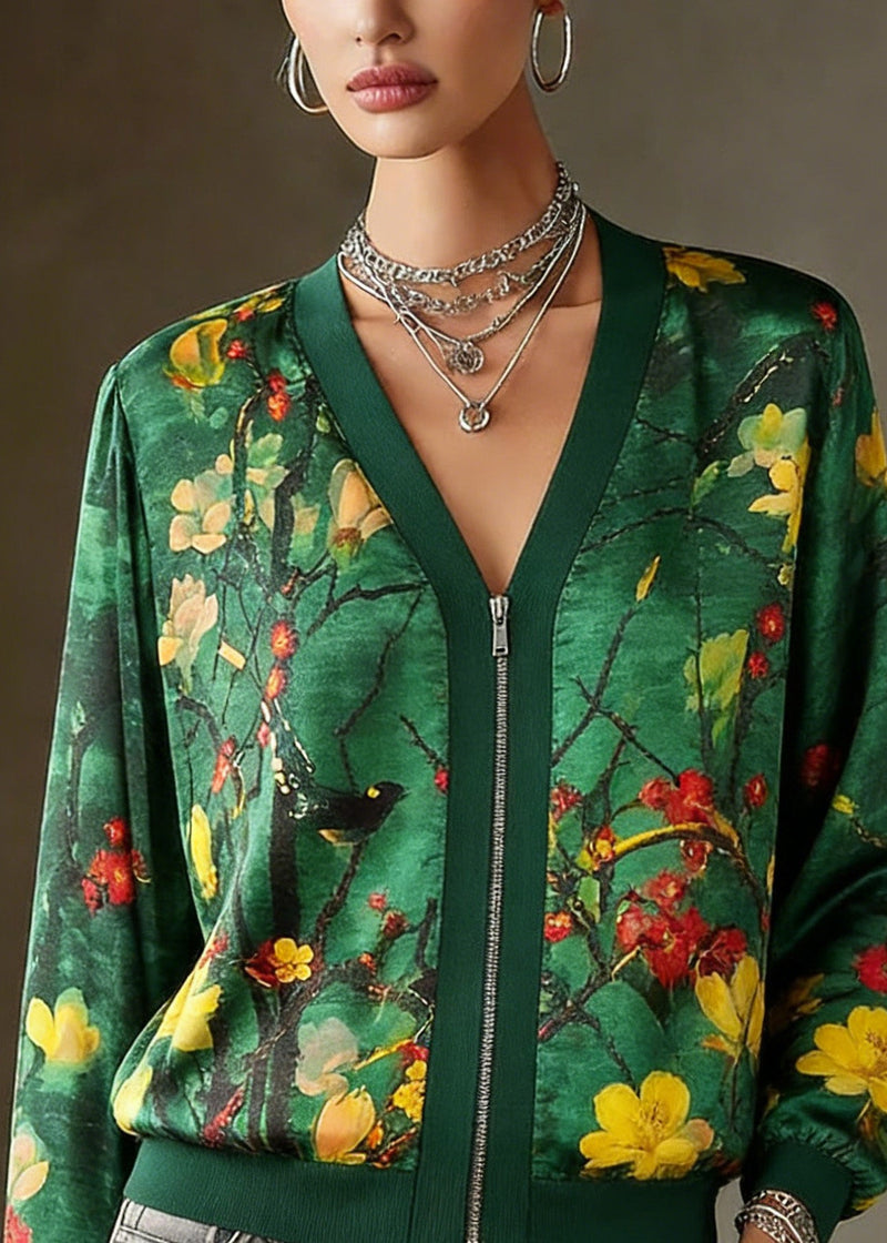 Green O-neck Print Zip Up Silk Coats Long Sleeve