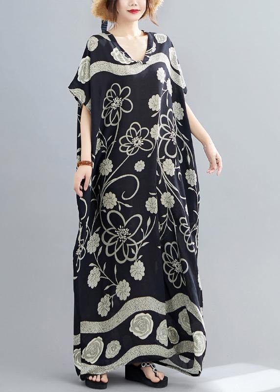 Black Print V Neck Batwing Sleeve Robe Spring Dress