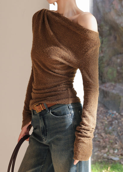 Brown Silm Fit Knit Blouses One Shoulder Spring