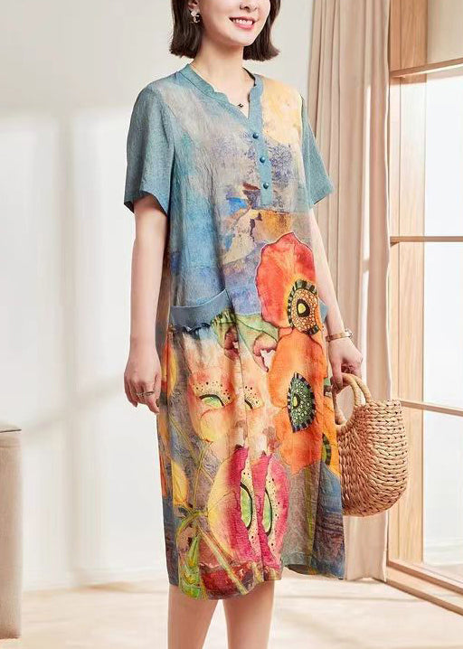 Blue Print Pockets Cotton Dresses Short Sleeve