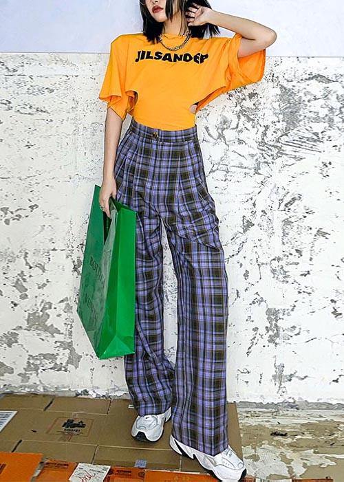 Purple Plaid High Waist Wide Leg Pants Summer