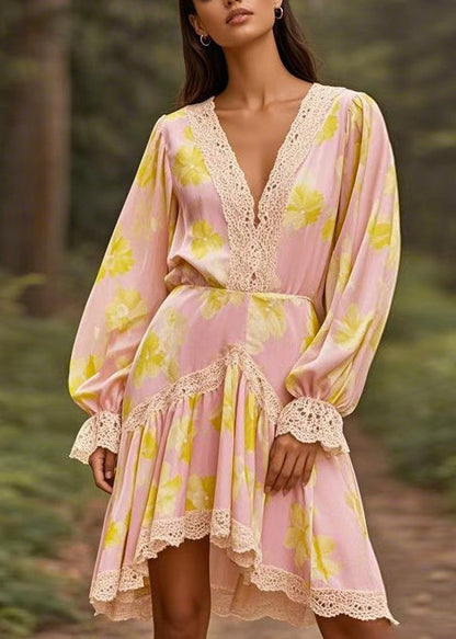 Pink V Neck Lace Wrinkled Patchwork Chiffon Mid Dress Spring