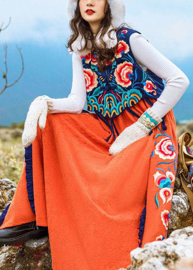 Famous Family Style Orange Embroideried O-neck Embroideried Patchwork Long Dress Sleeveless