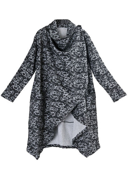 Boutique Black Grey Knit Asymmetrical Design Print Fall Coat