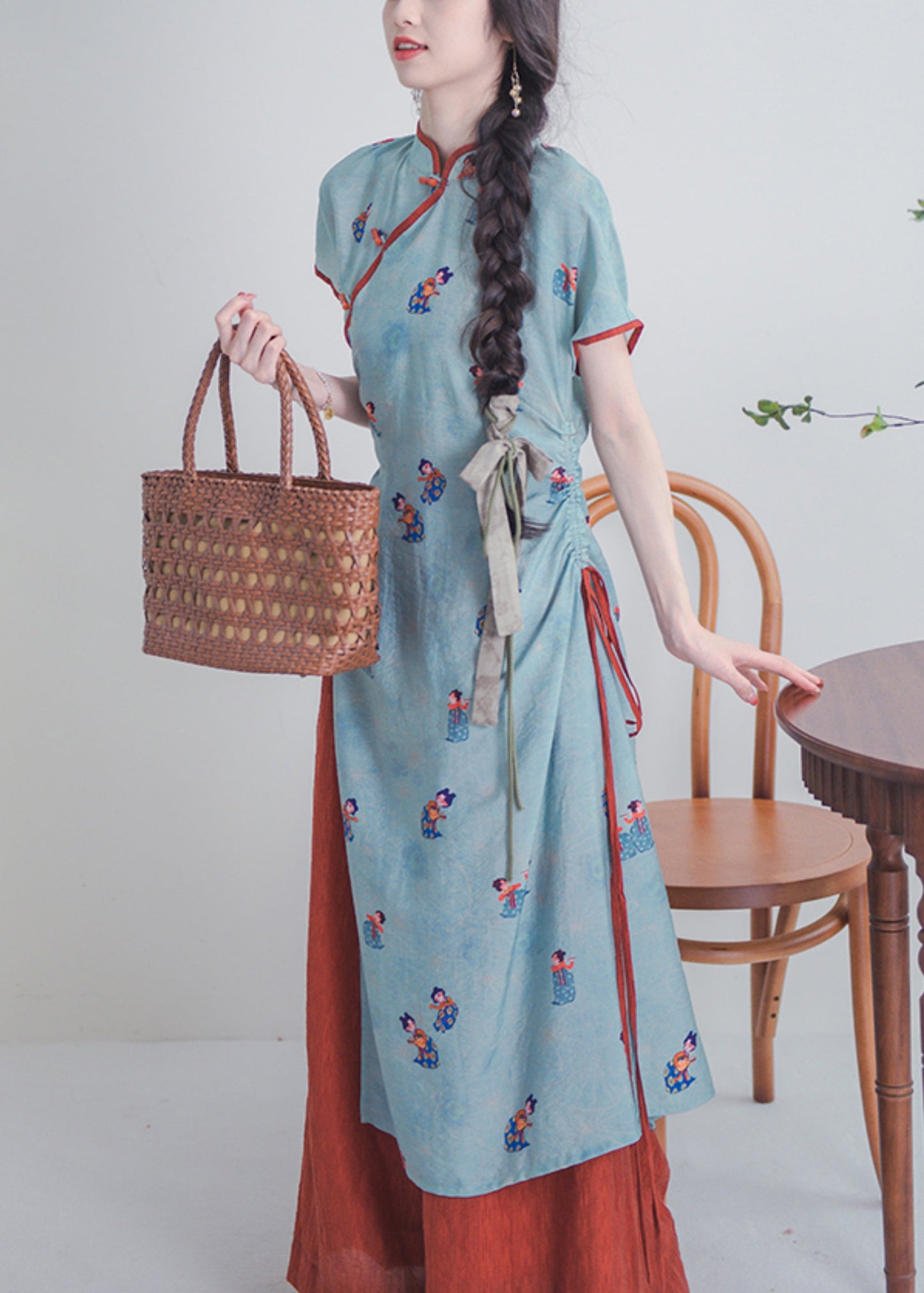 Chinese Style Blue Stand Collar Button Print Cotton Sets 2 Pieces Summer