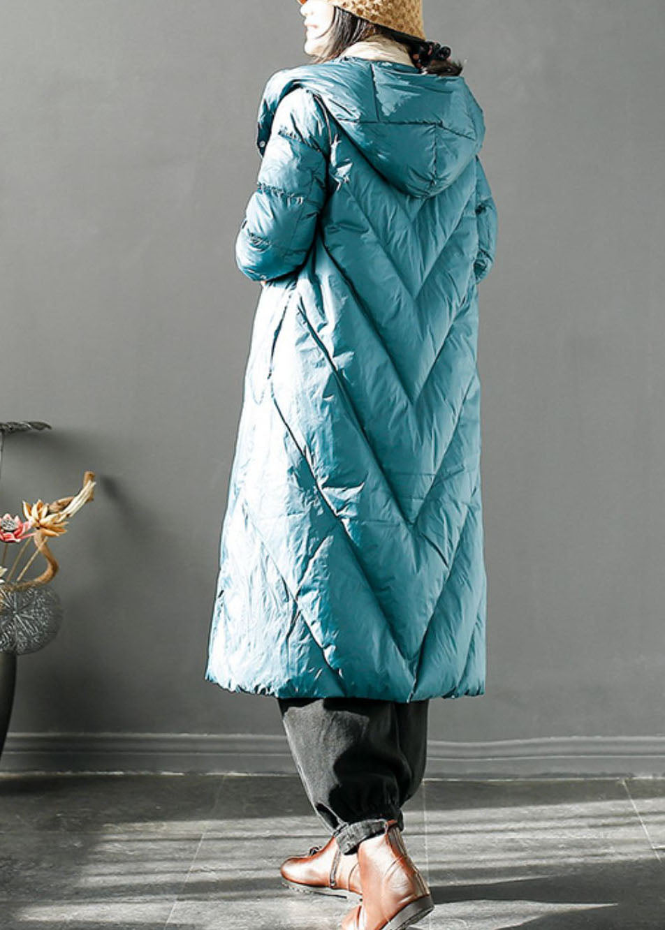 Blue Plaid Pockets Button Duck Down Long Hooded Down Coat Long Sleeve