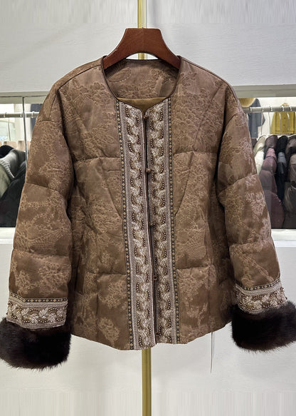 Brown Embroidered Jacquard Duck Down Jackets Winter