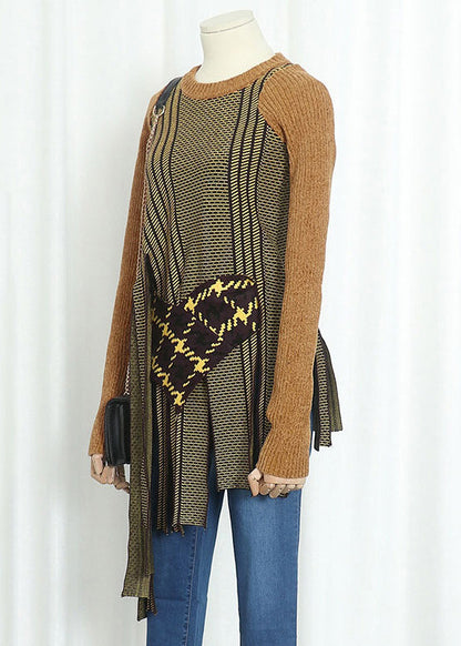 Unique Yellow O-neck Asymmetrical Patchwork Knit Tops Fall