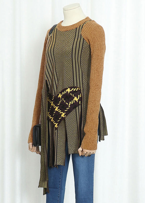 Unique Yellow O-neck Asymmetrical Patchwork Knit Tops Fall