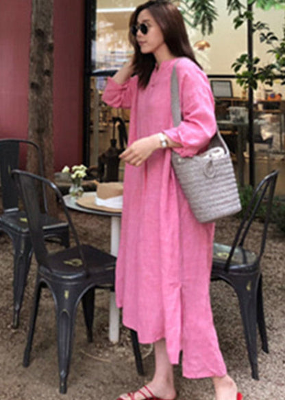 Stylish Pink V Neck Button Side Open Low High Design Linen Dress Long Sleeve