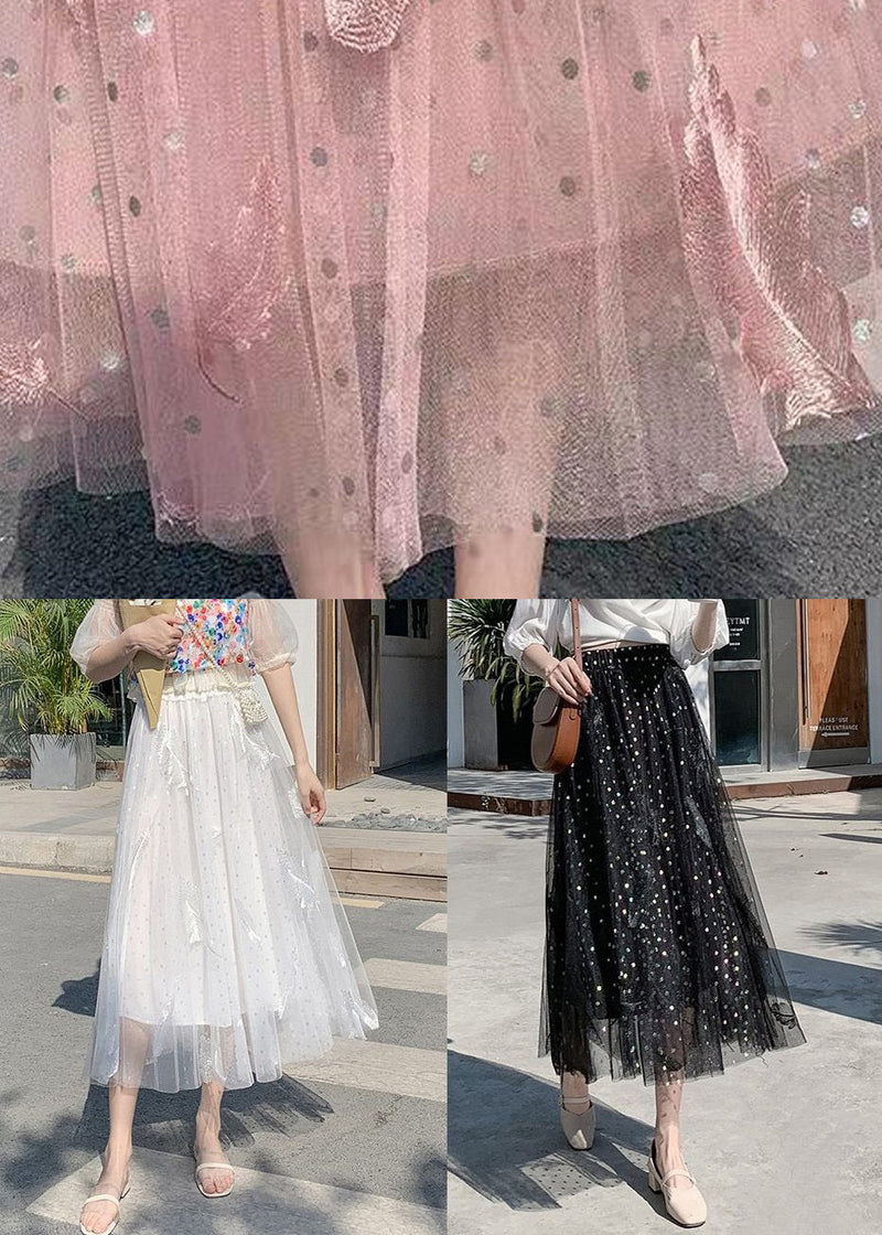 White Feathers Embroidered Elastic Waist Tulle Skirt Summer