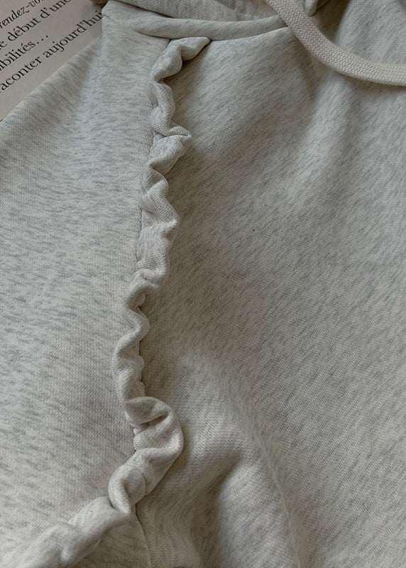 Stylish Grey Hooded Ruffled Cotton Sweatshirt Spring