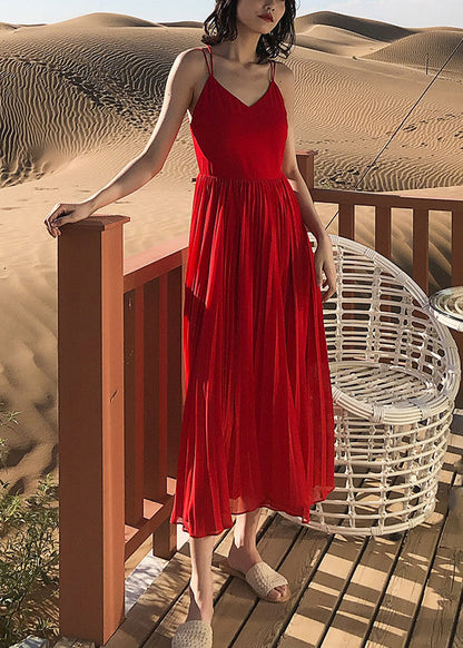 Red Wrinkled Chiffon Spaghetti Strap Dress V Neck Summer