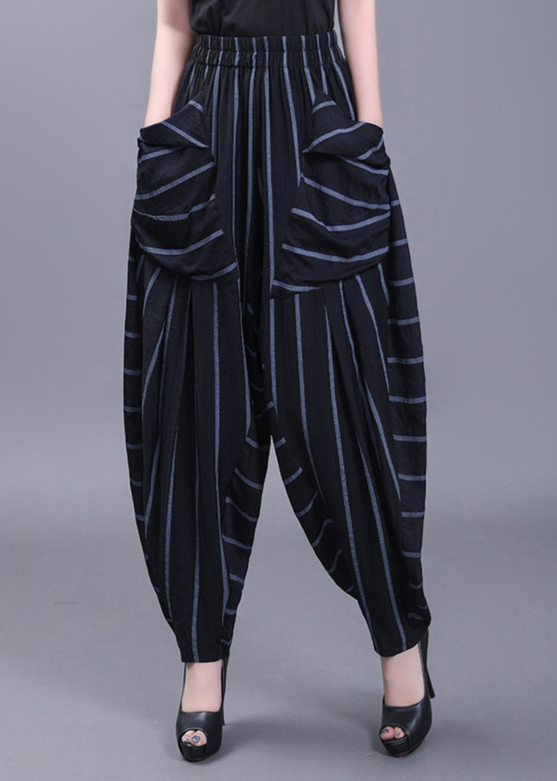 Black Pockets Striped High Waist Cotton Harem Pants Fall