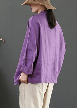 Stand Collar Pockets Spring Blouse Work Outfits Purple Blouse