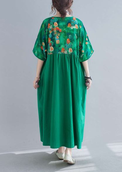 Green Cinched Print Long Dress Half Sleeve