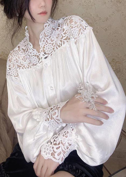 White Oversized Patchwork Lace Blouse Tops Summer