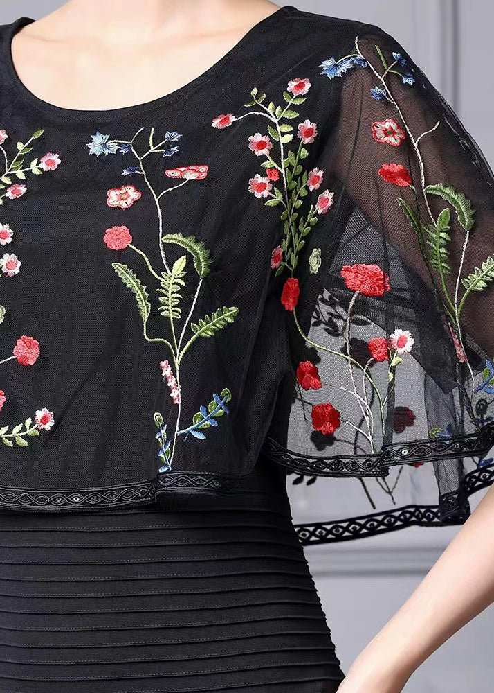 Fine Black Cape Style Dresses Multicolor Embroidered Summer
