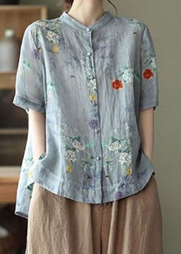 Blue Polka Dots Print Cotton Shirts Low High Design Short Sleeve